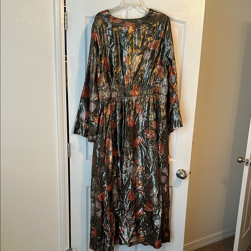 Anthropologie Floral Metallic Maxi Dress in Olive and Red - Picture 9 of 10